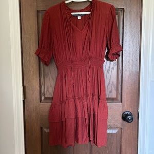 blue rair burnt orange dress